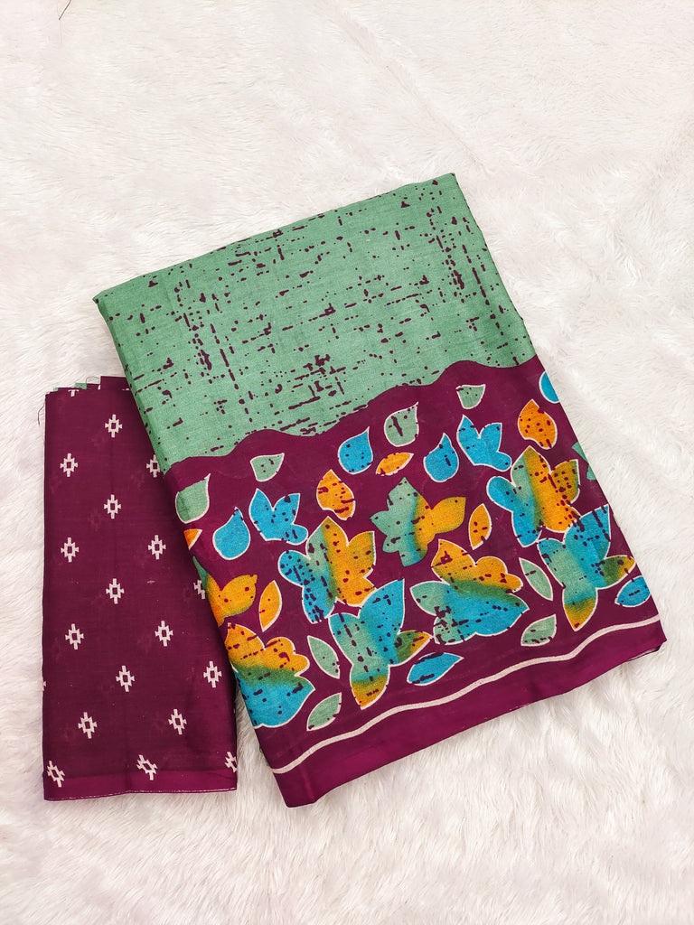 HERIAGE STYLE HAND PRINT MULMUL COTTON SAGA GREEN SAREE