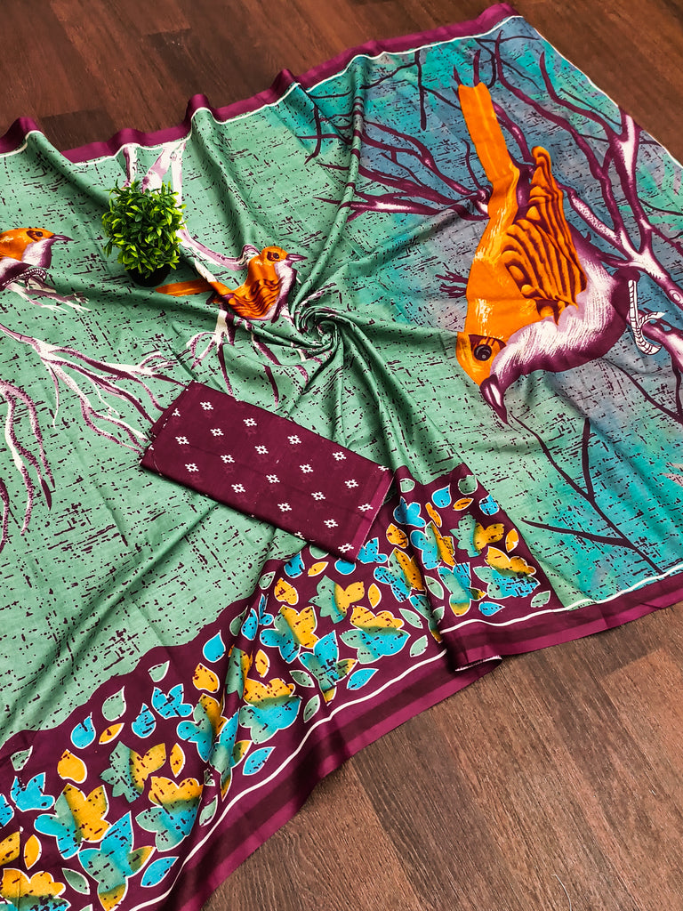 HERIAGE STYLE HAND PRINT MULMUL COTTON SAGA GREEN SAREE