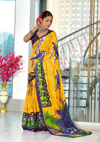 HERIAGE STYLE HAND PRINT MULMUL COTTON YELLOW SAREES