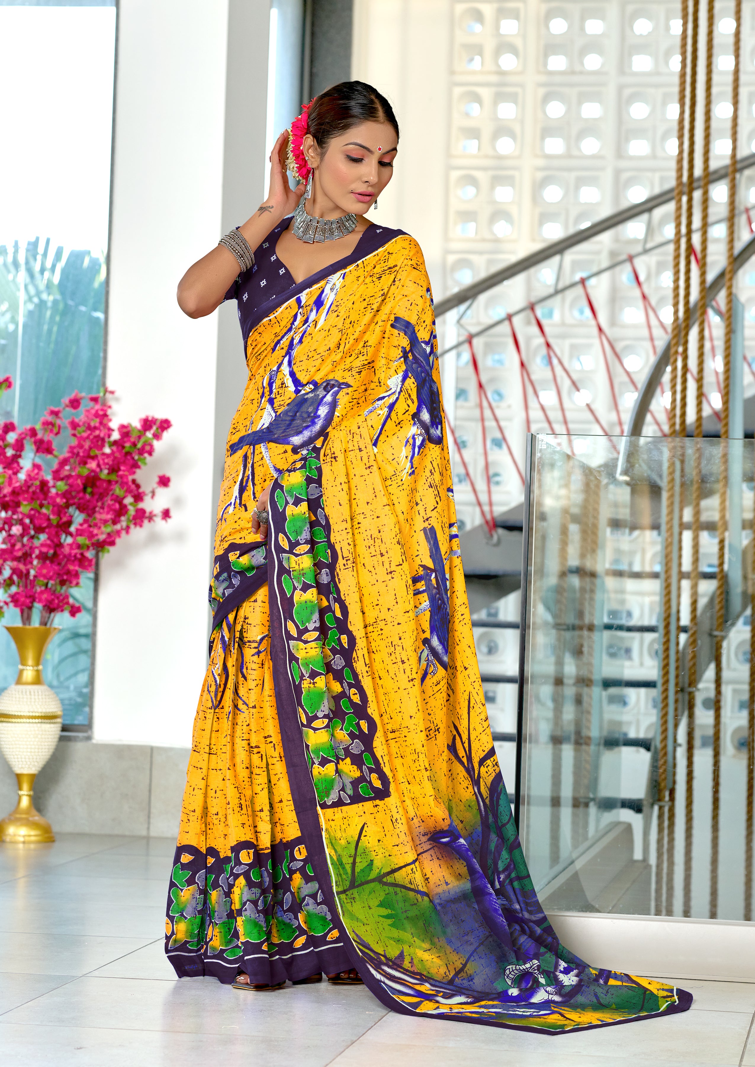 HERIAGE STYLE HAND PRINT MULMUL COTTON YELLOW SAREES