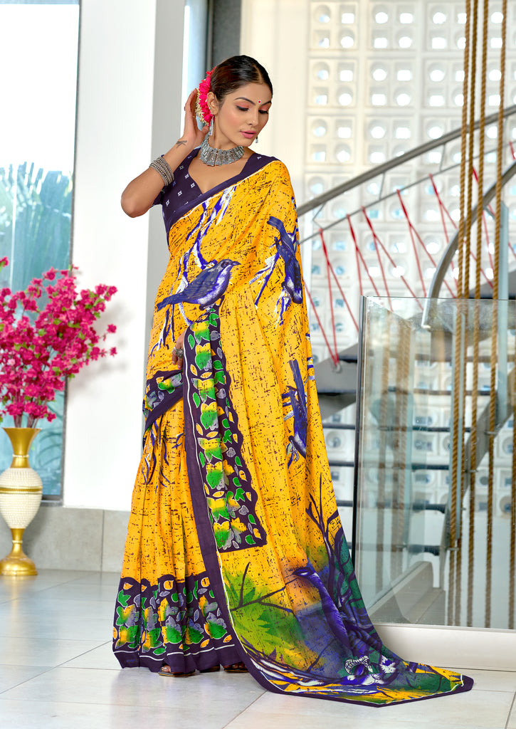 HERIAGE STYLE HAND PRINT MULMUL COTTON YELLOW SAREES