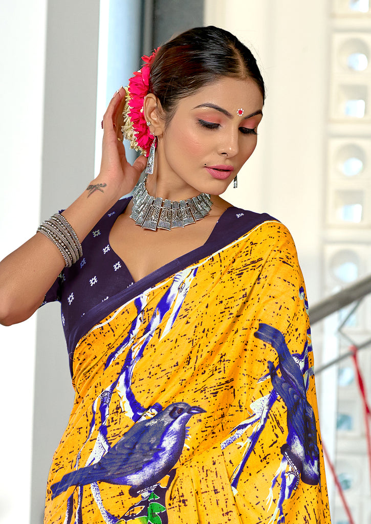 HERIAGE STYLE HAND PRINT MULMUL COTTON YELLOW SAREES