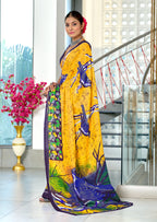 HERIAGE STYLE HAND PRINT MULMUL COTTON YELLOW SAREES