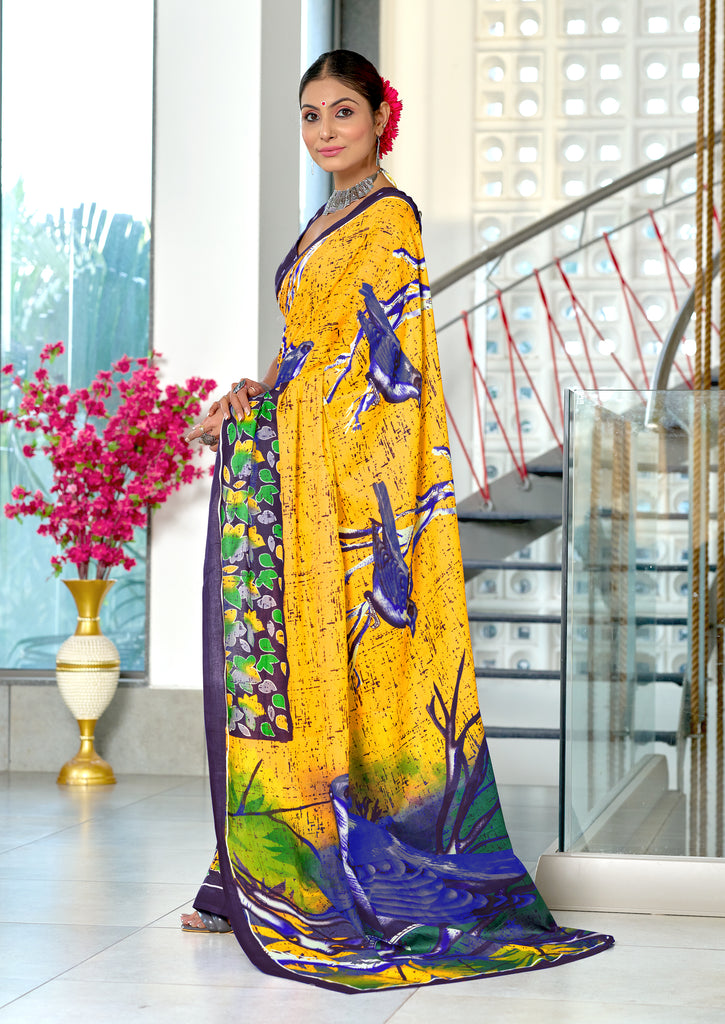 HERIAGE STYLE HAND PRINT MULMUL COTTON YELLOW SAREES