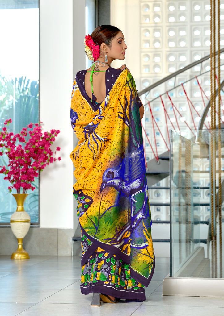HERIAGE STYLE HAND PRINT MULMUL COTTON YELLOW SAREES