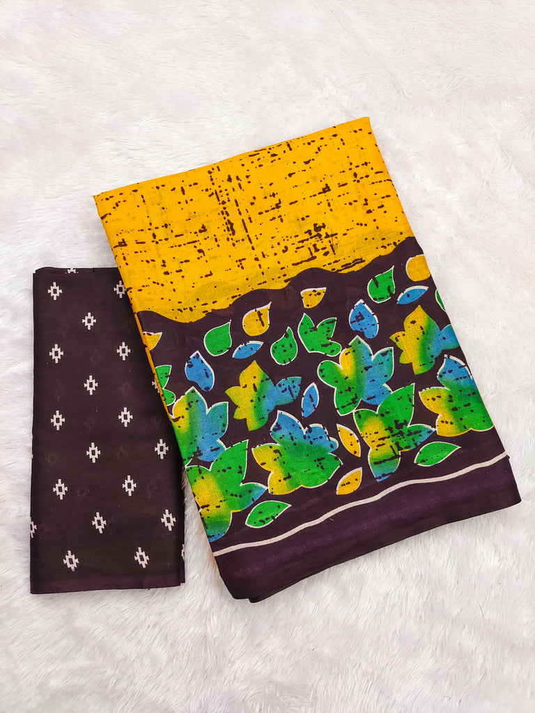 HERIAGE STYLE HAND PRINT MULMUL COTTON YELLOW SAREES