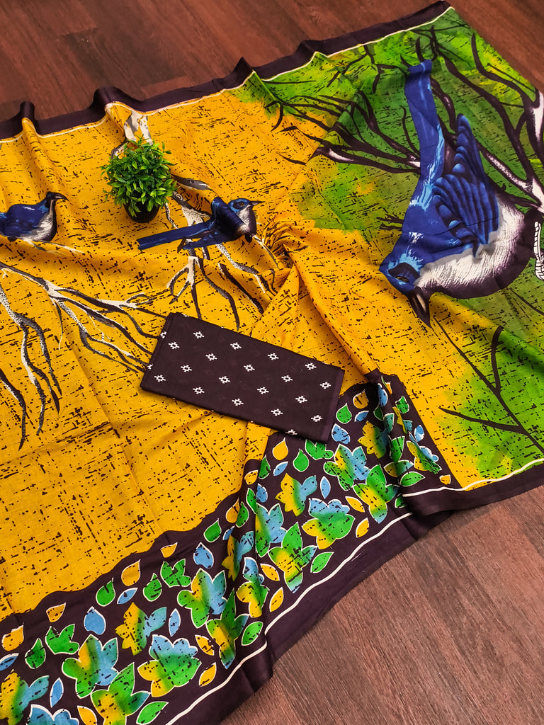HERIAGE STYLE HAND PRINT MULMUL COTTON YELLOW SAREES