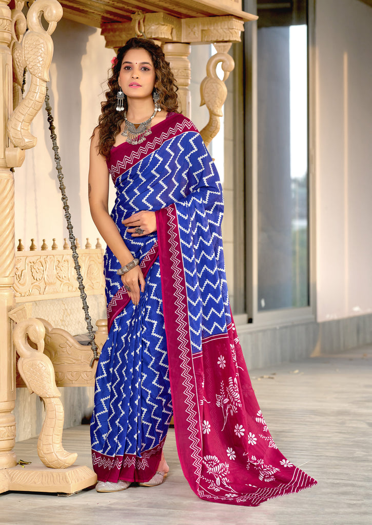 ILEANA PURE MULMUL COTTON FANCY HAND BLOCK PRINT BLUE SAREE