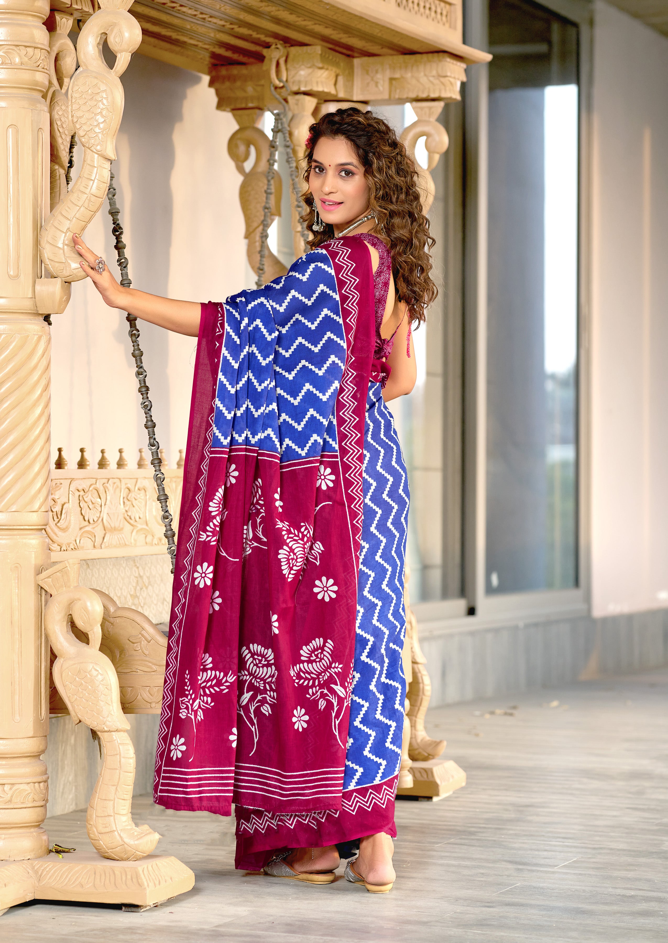 ILEANA PURE MULMUL COTTON FANCY HAND BLOCK PRINT BLUE SAREE
