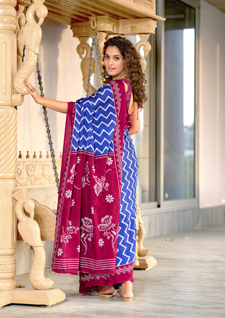 ILEANA PURE MULMUL COTTON FANCY HAND BLOCK PRINT BLUE SAREE