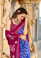 ILEANA PURE MULMUL COTTON FANCY HAND BLOCK PRINT BLUE SAREE