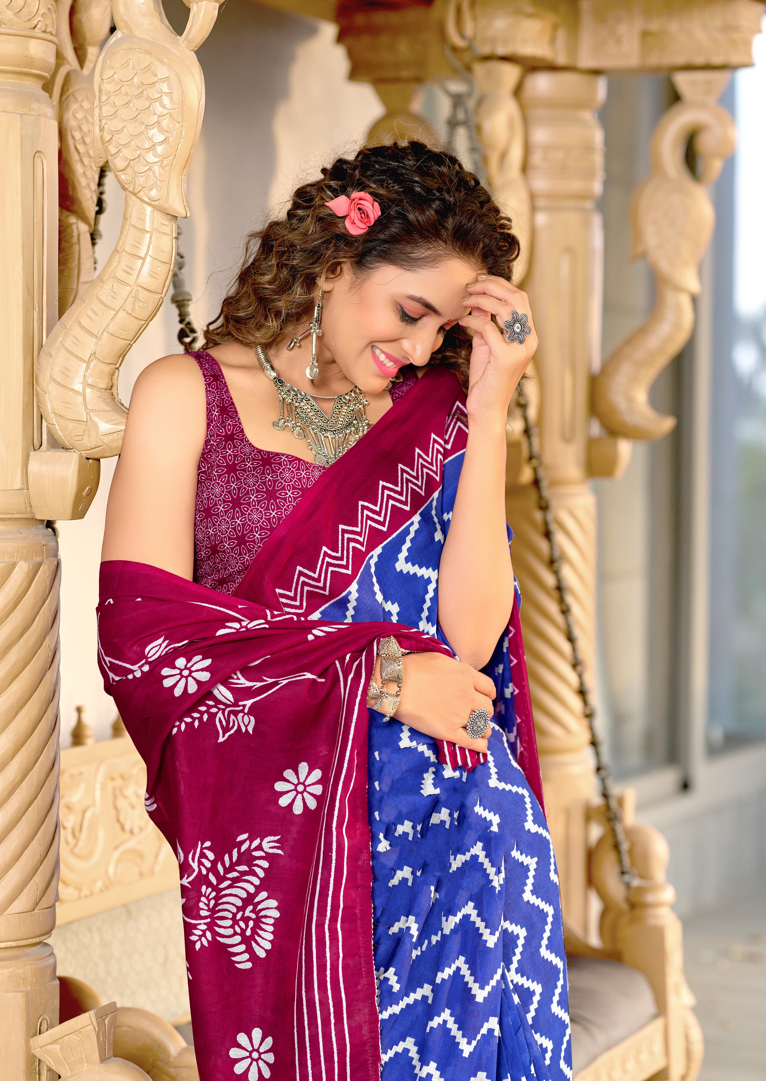 ILEANA PURE MULMUL COTTON FANCY HAND BLOCK PRINT BLUE SAREE