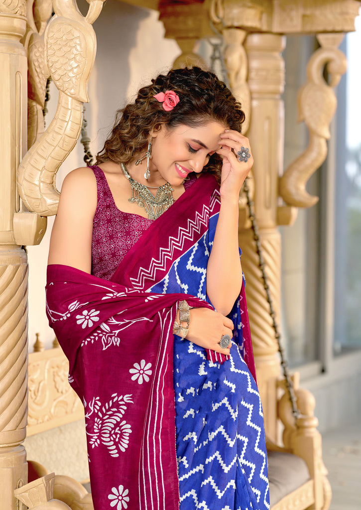 ILEANA PURE MULMUL COTTON FANCY HAND BLOCK PRINT BLUE SAREE