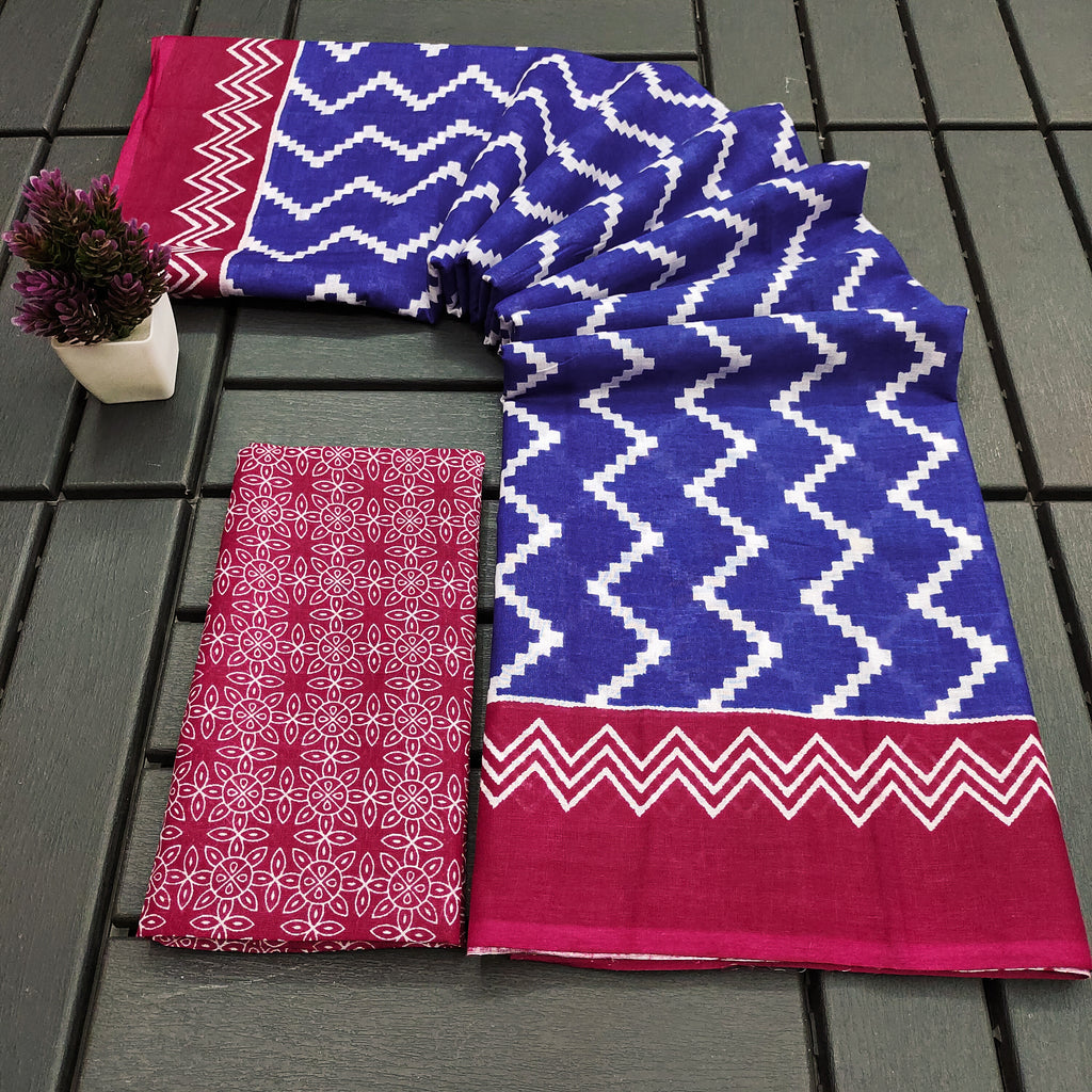 ILEANA PURE MULMUL COTTON FANCY HAND BLOCK PRINT BLUE SAREE
