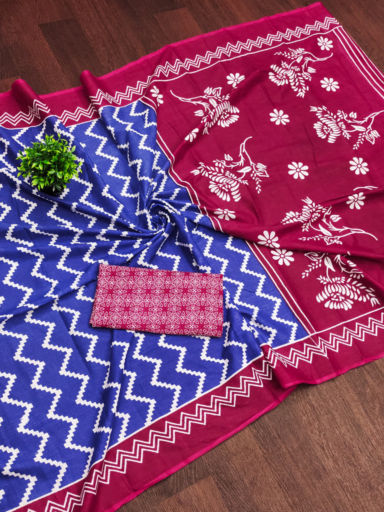 ILEANA PURE MULMUL COTTON FANCY HAND BLOCK PRINT BLUE SAREE