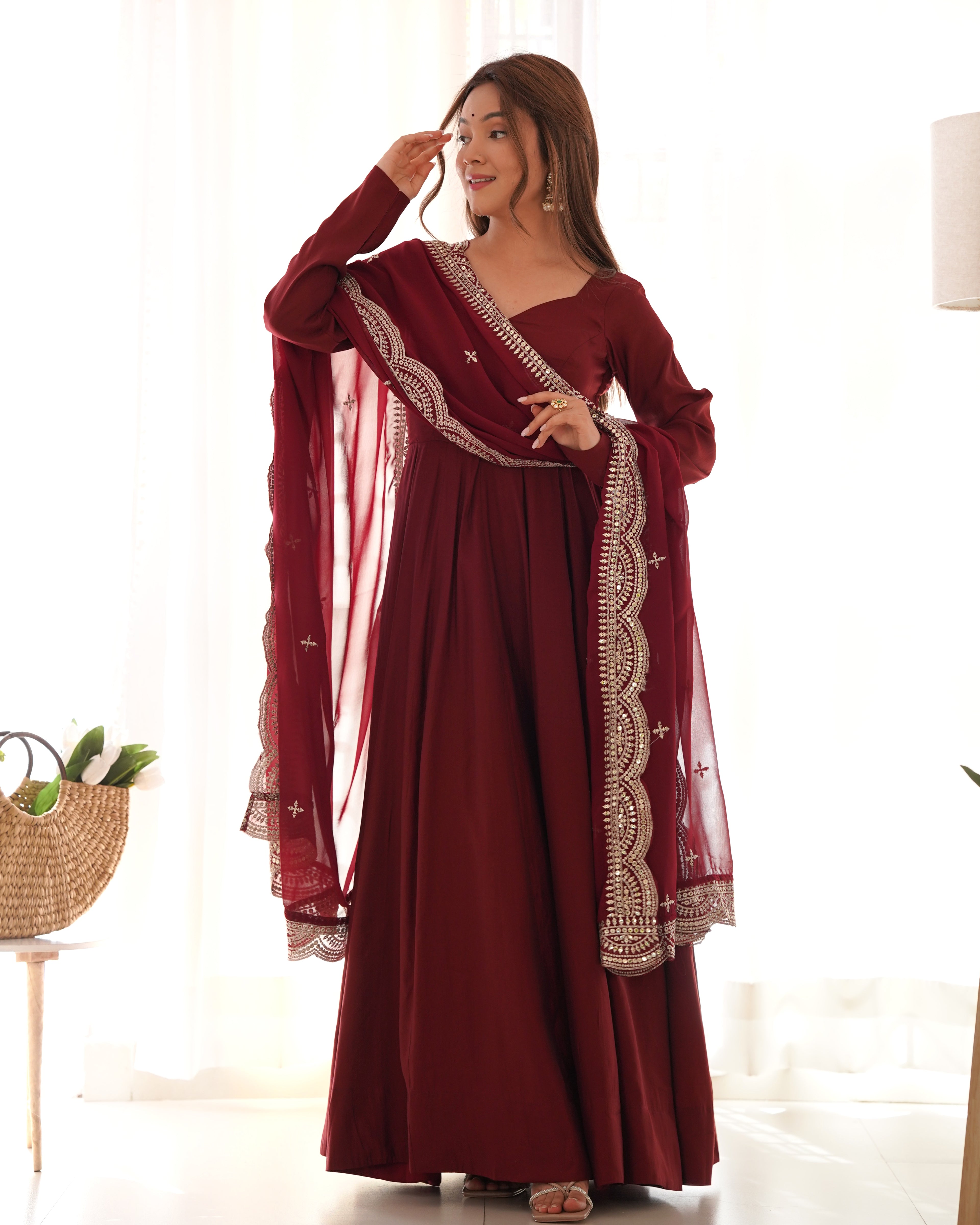 NKB-40 PRESENTING NEW PREMIUM QUALITY PURE ROMANSILK CHANDERI FABRIC FULLY FLAIR ANARKALI WITH DUPPTA SET PENT READY TO WEAR MAROON