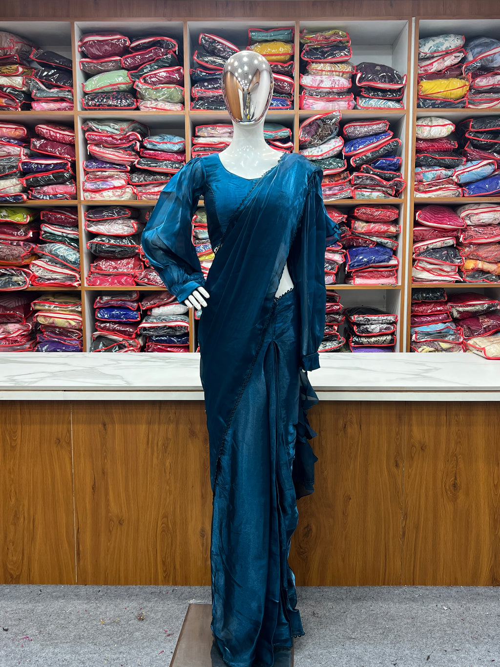 READY TO WEAR PREDRAPPED REAY TO WEAR SAREE WITH FULL STTICHED BLOUSE JIMMY CHOO FABRIC BLUE