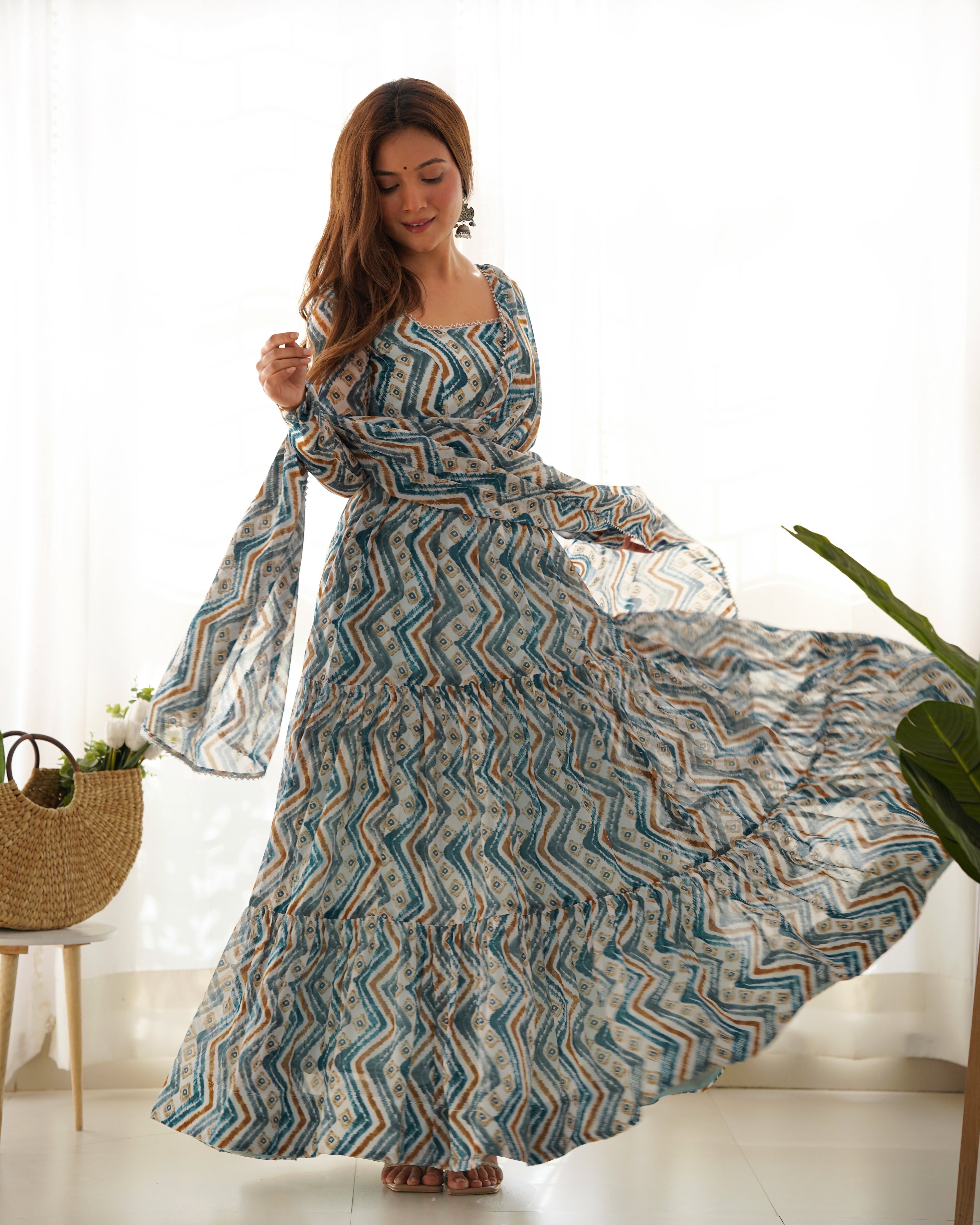 NKB-41 PURE SOFT FOX GEORGETTE ZIGZAG PRINT FABRIC FULLY FLAIR ANARKALI WITH DUPPTA SET PENT READY TO WEAR MULTIBLUE