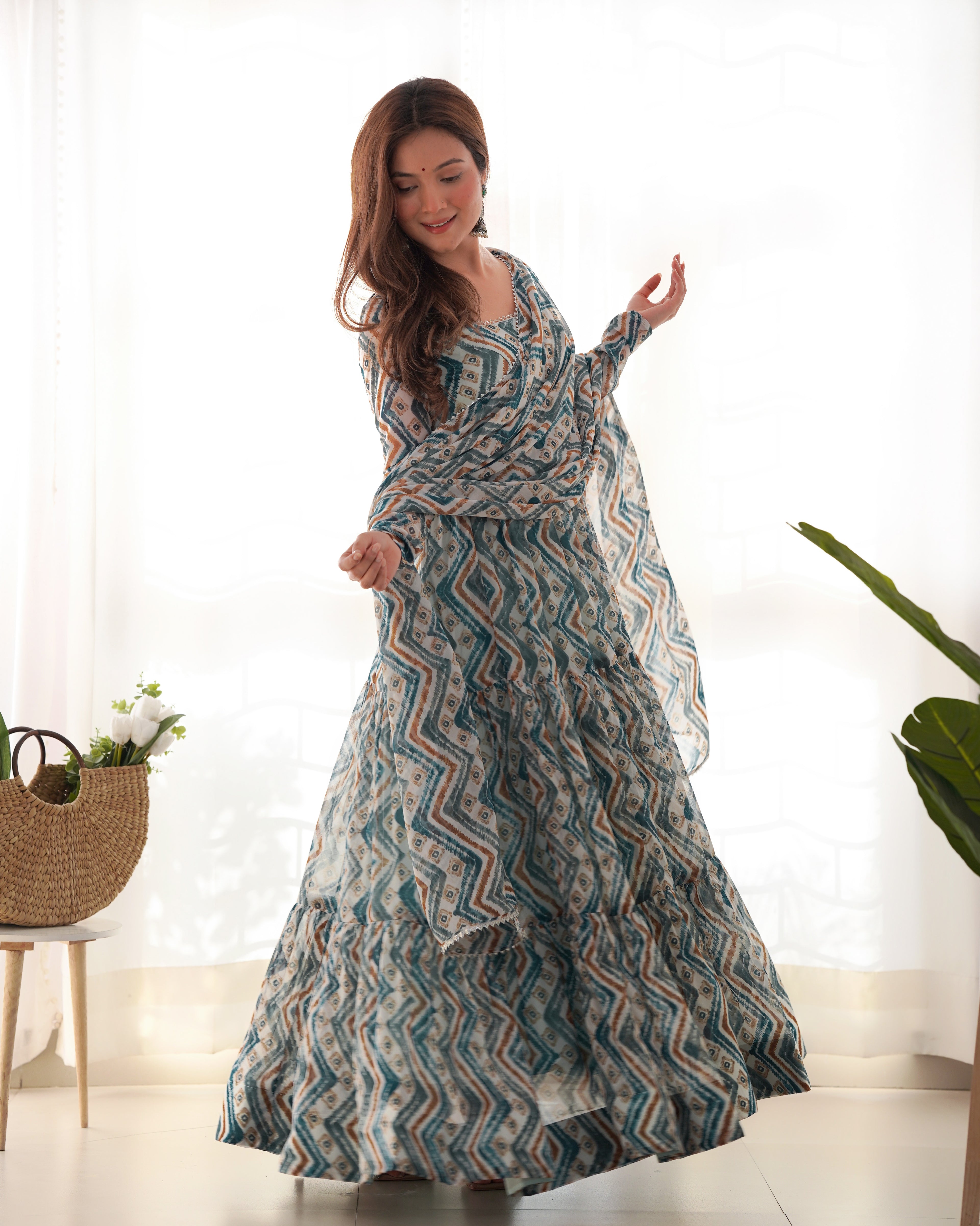 NKB-41 PURE SOFT FOX GEORGETTE ZIGZAG PRINT FABRIC FULLY FLAIR ANARKALI WITH DUPPTA SET PENT READY TO WEAR MULTIBLUE