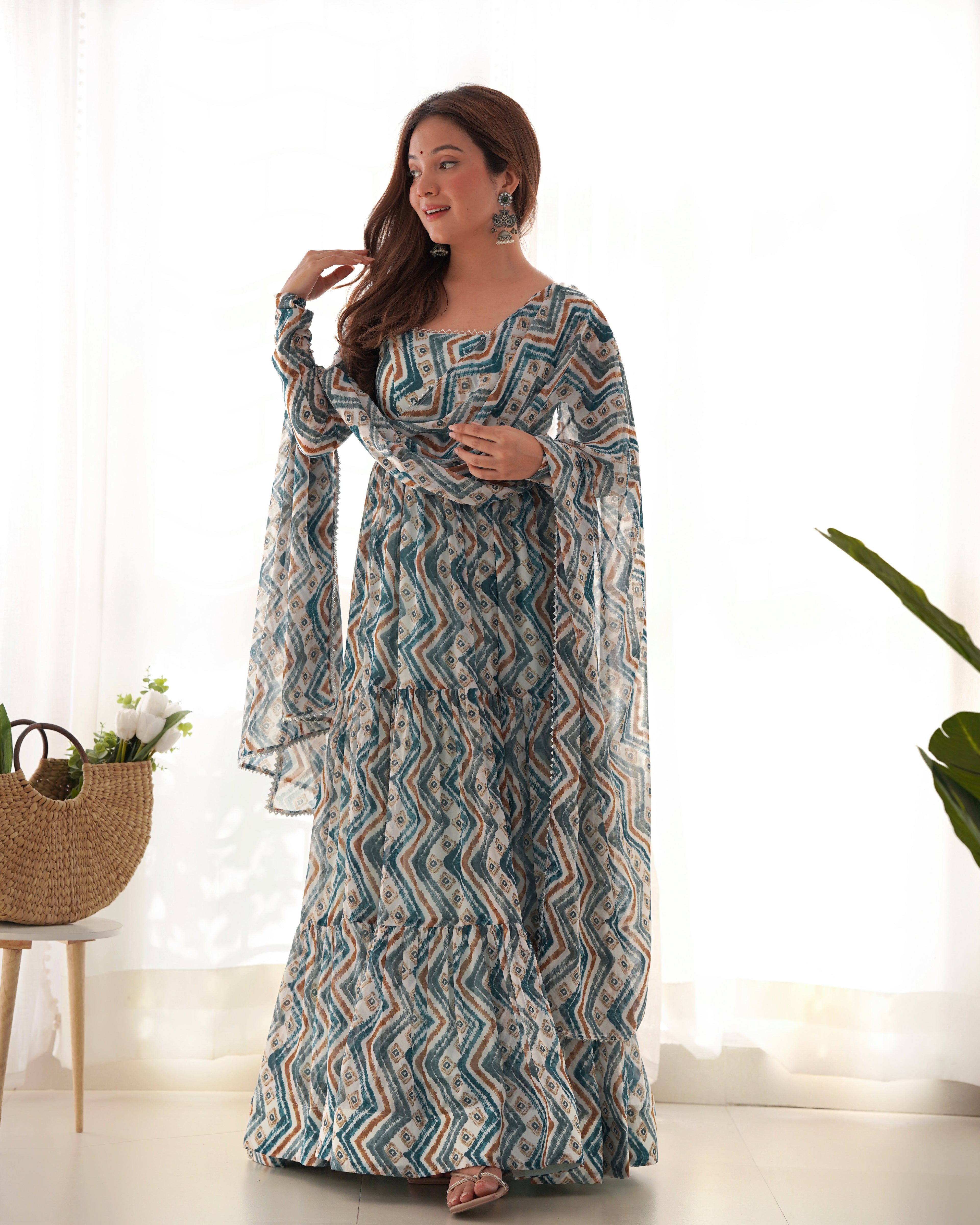 NKB-41 PURE SOFT FOX GEORGETTE ZIGZAG PRINT FABRIC FULLY FLAIR ANARKALI WITH DUPPTA SET PENT READY TO WEAR MULTIBLUE