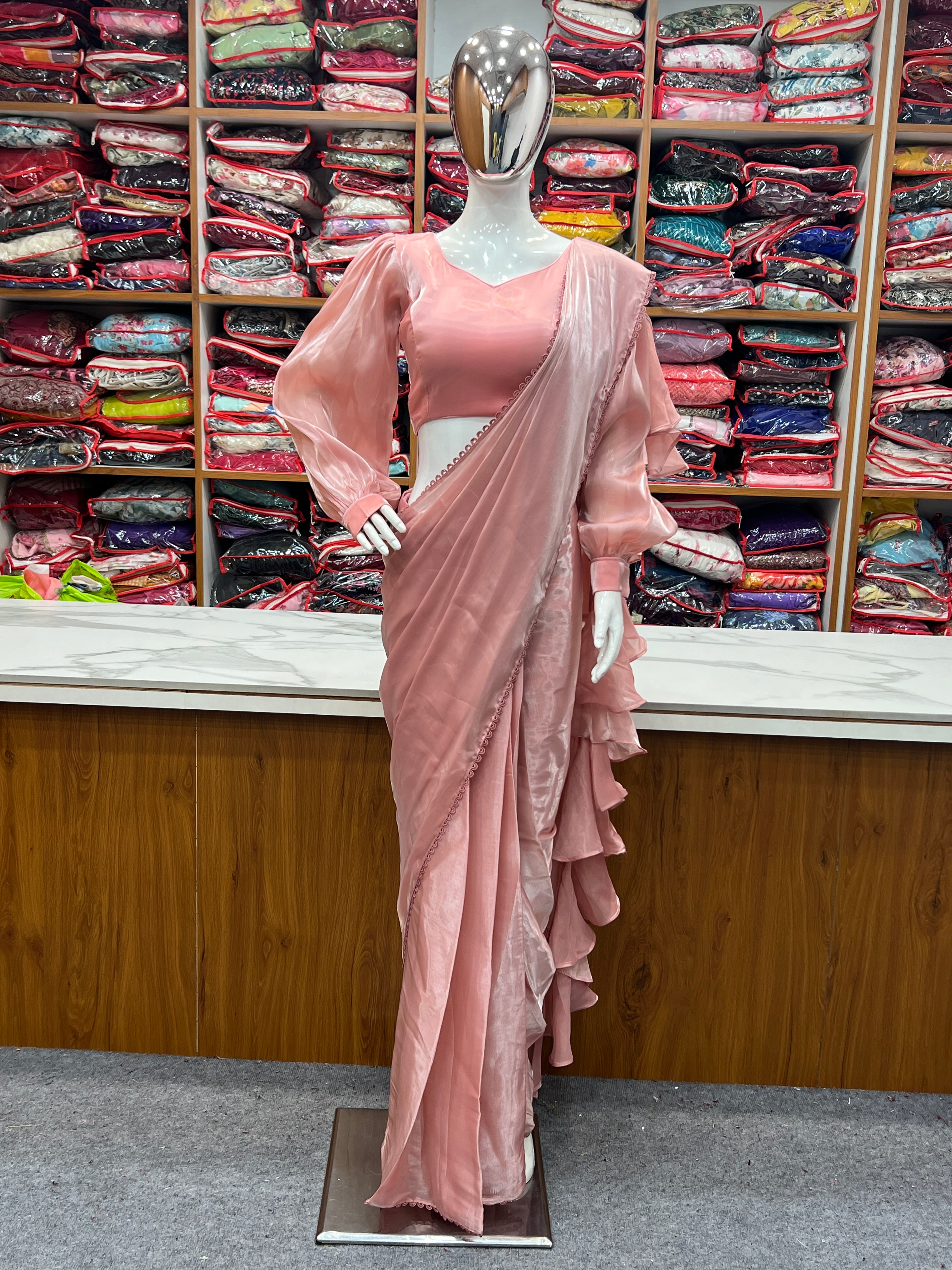 READY TO WEAR PREDRAPPED REAY TO WEAR SAREE WITH FULL STTICHED BLOUSE JIMMY CHOO FABRIC PINK