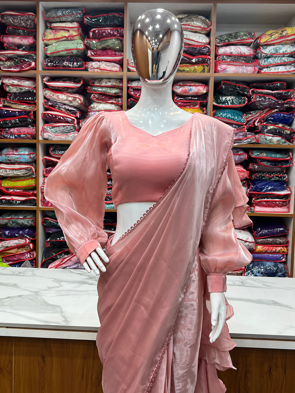 READY TO WEAR PREDRAPPED REAY TO WEAR SAREE WITH FULL STTICHED BLOUSE JIMMY CHOO FABRIC PINK