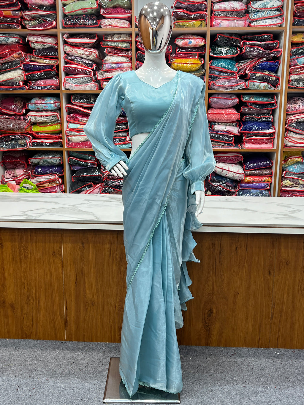 READY TO WEAR PREDRAPPED REAY TO WEAR SAREE WITH FULL STTICHED BLOUSE JIMMY CHOO FABRIC SKY BLUE