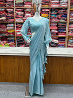 READY TO WEAR PREDRAPPED REAY TO WEAR SAREE WITH FULL STTICHED BLOUSE JIMMY CHOO FABRIC SKY BLUE