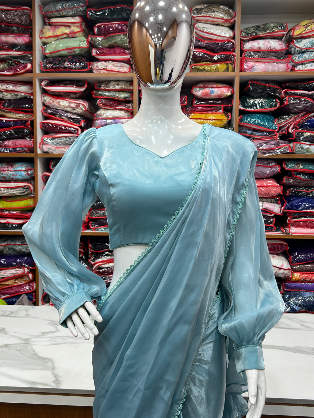 READY TO WEAR PREDRAPPED REAY TO WEAR SAREE WITH FULL STTICHED BLOUSE JIMMY CHOO FABRIC SKY BLUE