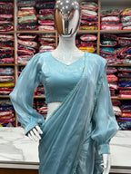 READY TO WEAR PREDRAPPED REAY TO WEAR SAREE WITH FULL STTICHED BLOUSE JIMMY CHOO FABRIC SKY BLUE