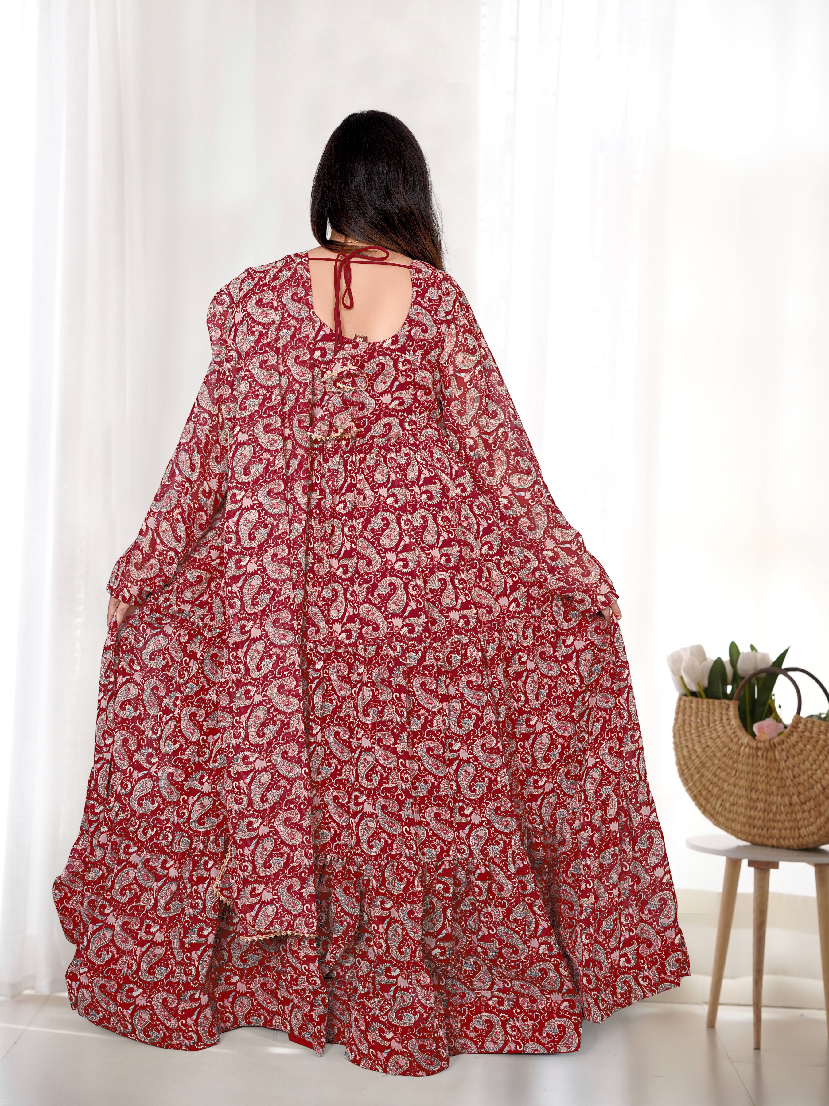 NKB-34 PURE SOFT FOX GEORGETTE KALAMKARI PRINT FABRIC FULLY FLAIR ANARKALI WITH DUPPTA SET PENT MULTICOLOR  READY TO WEAR