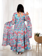 NKB-16 SKY,RED HEAVY PURE SOFT TABBY ORGANJA SILK PRINT FULLY FLAIR KALI PATTERN AND CANVAS PATTA WITH DUPPTA SET PENT READY TO WEAR SKY RED