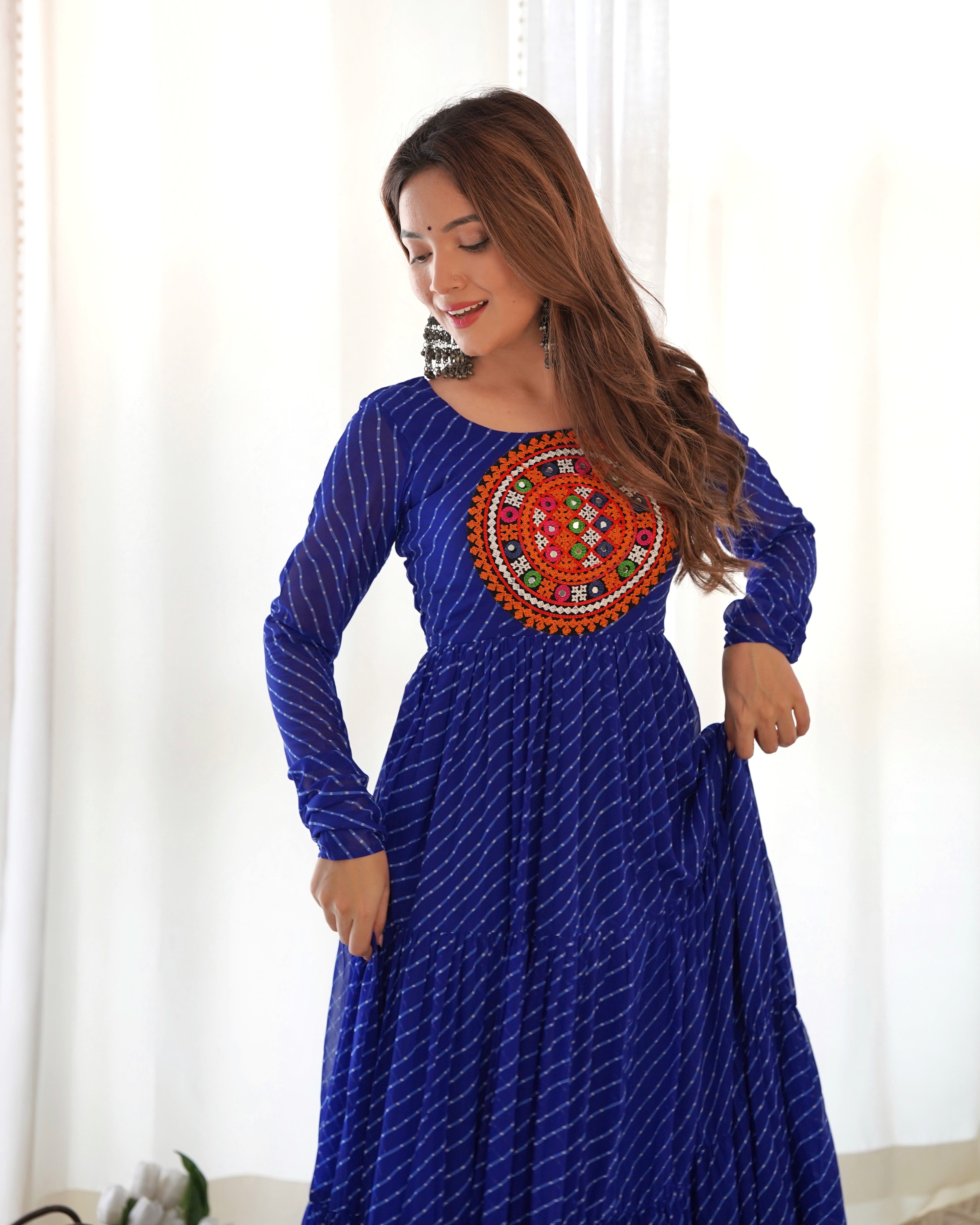 NKB-43 PURE SOFT FOX GEORGETTE LAHERIYA PRINT FABRIC FULLY FLAIR ANARKALI FULLY STTICHED GOWN READY TO WEAR BLUE