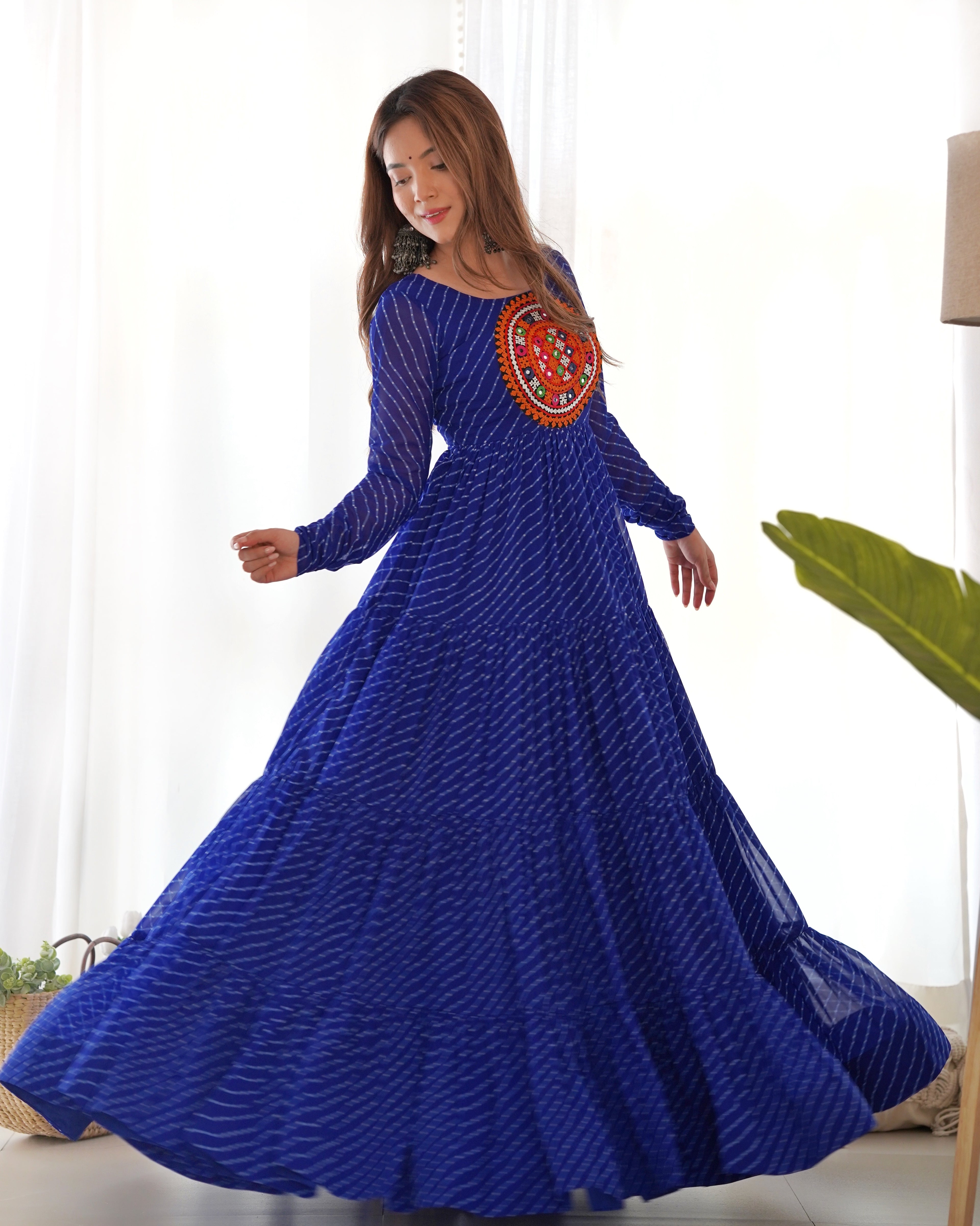 NKB-43 PURE SOFT FOX GEORGETTE LAHERIYA PRINT FABRIC FULLY FLAIR ANARKALI FULLY STTICHED GOWN READY TO WEAR BLUE