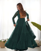 NKB-43 PURE SOFT FOX GEORGETTE LAHERIYA PRINT FABRIC FULLY FLAIR ANARKALI FULLY STTICHED GOWN READY TO WEAR GREEN