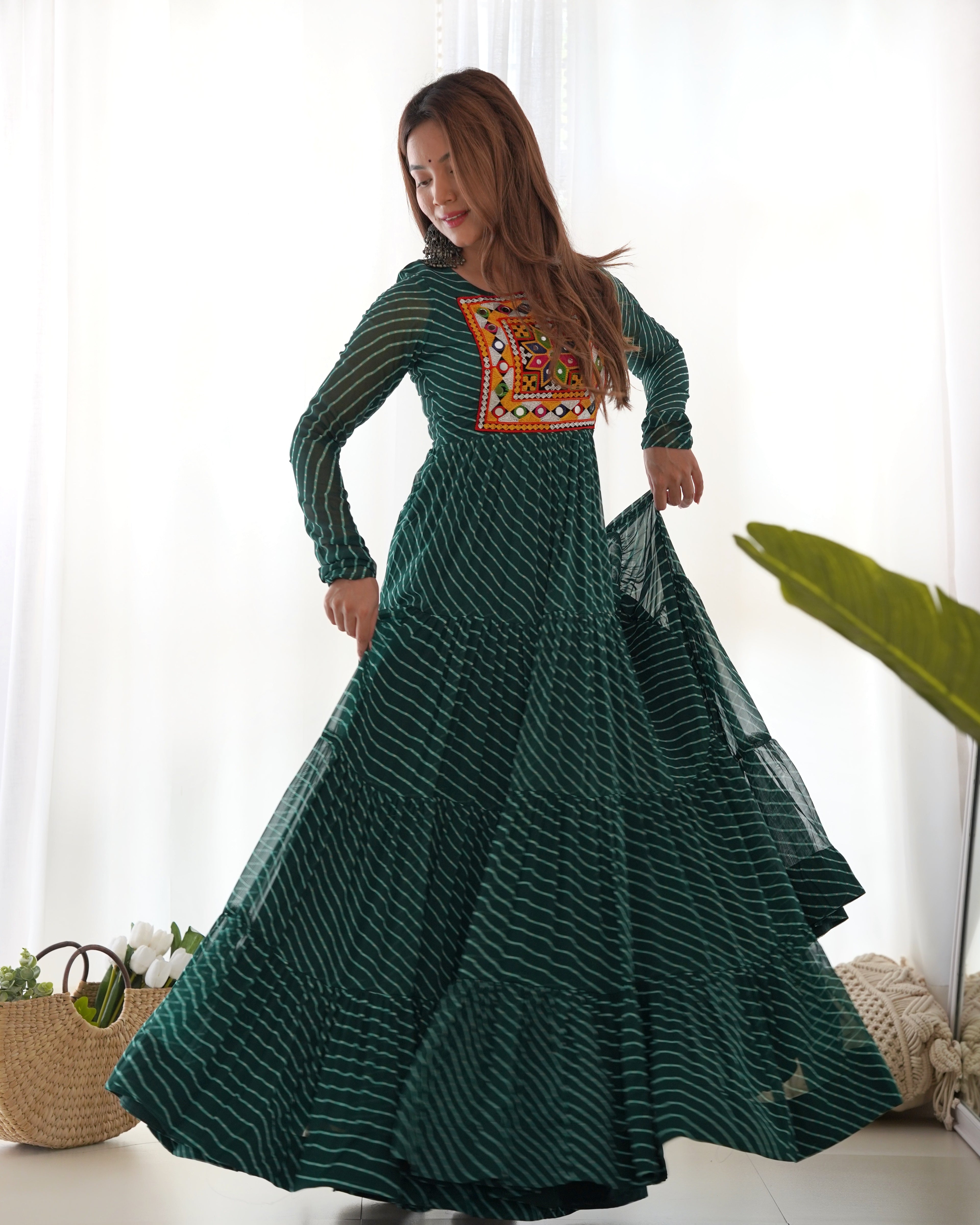 NKB-43 PURE SOFT FOX GEORGETTE LAHERIYA PRINT FABRIC FULLY FLAIR ANARKALI FULLY STTICHED GOWN READY TO WEAR GREEN