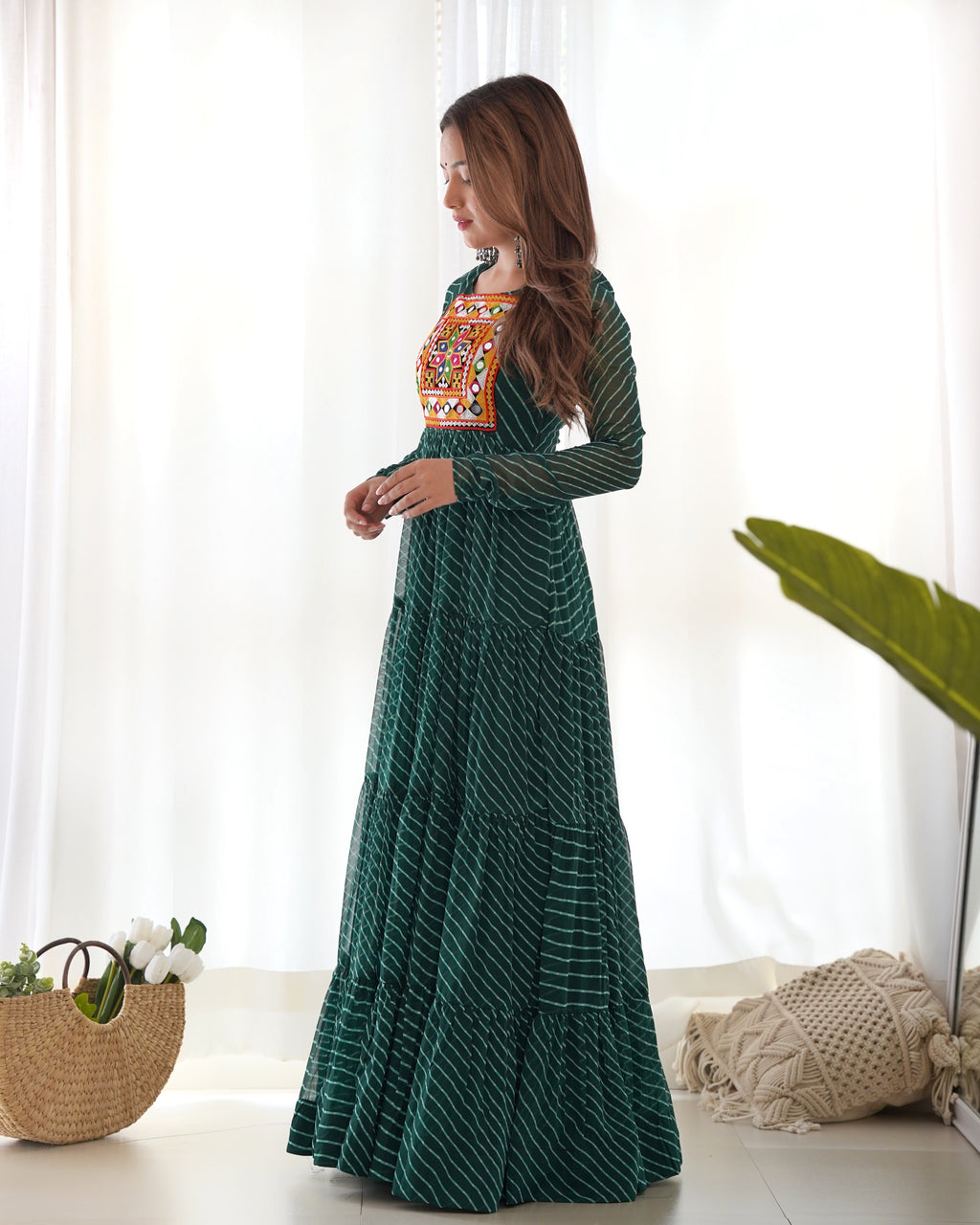 NKB-43 PURE SOFT FOX GEORGETTE LAHERIYA PRINT FABRIC FULLY FLAIR ANARKALI FULLY STTICHED GOWN READY TO WEAR GREEN