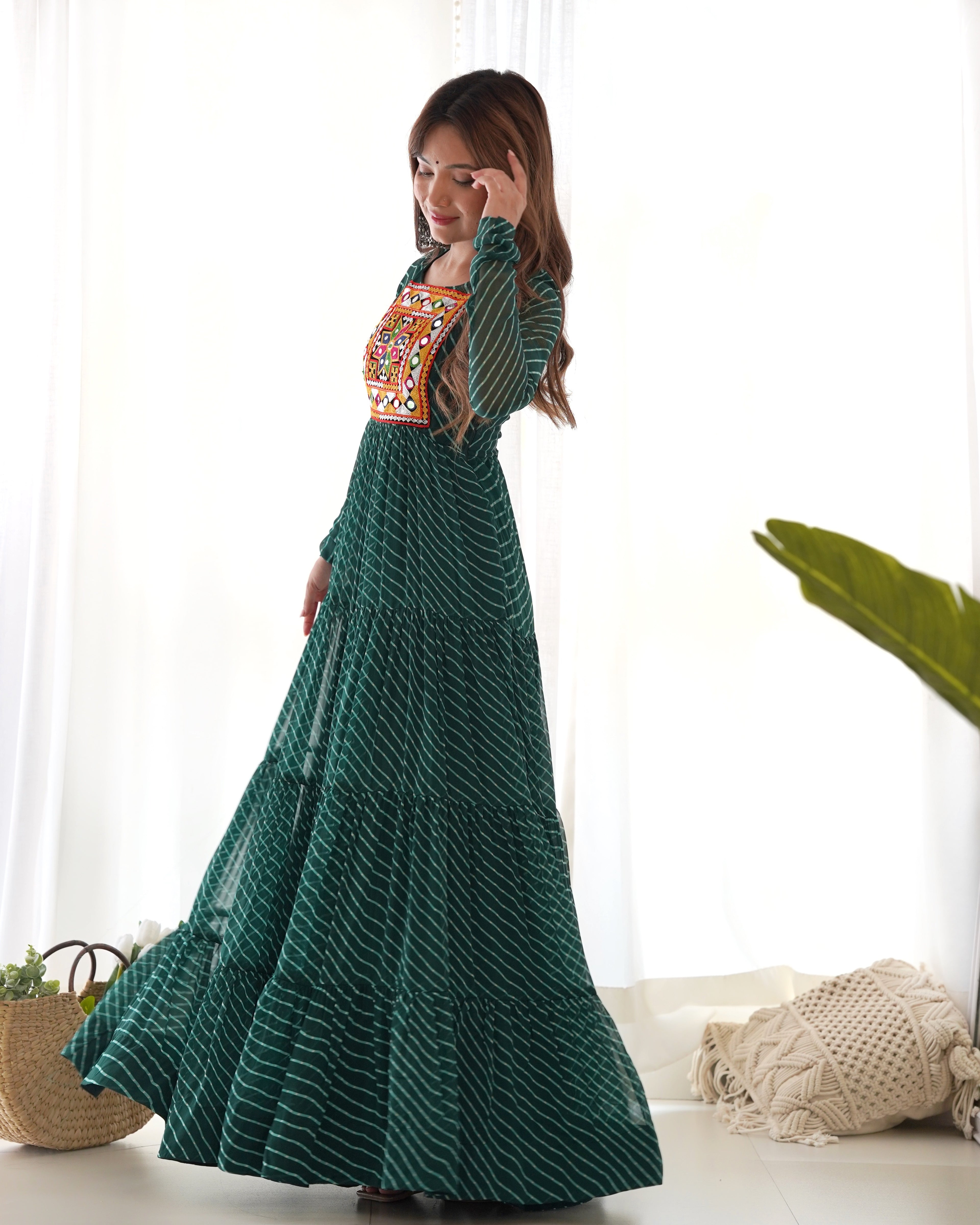 NKB-43 PURE SOFT FOX GEORGETTE LAHERIYA PRINT FABRIC FULLY FLAIR ANARKALI FULLY STTICHED GOWN READY TO WEAR GREEN