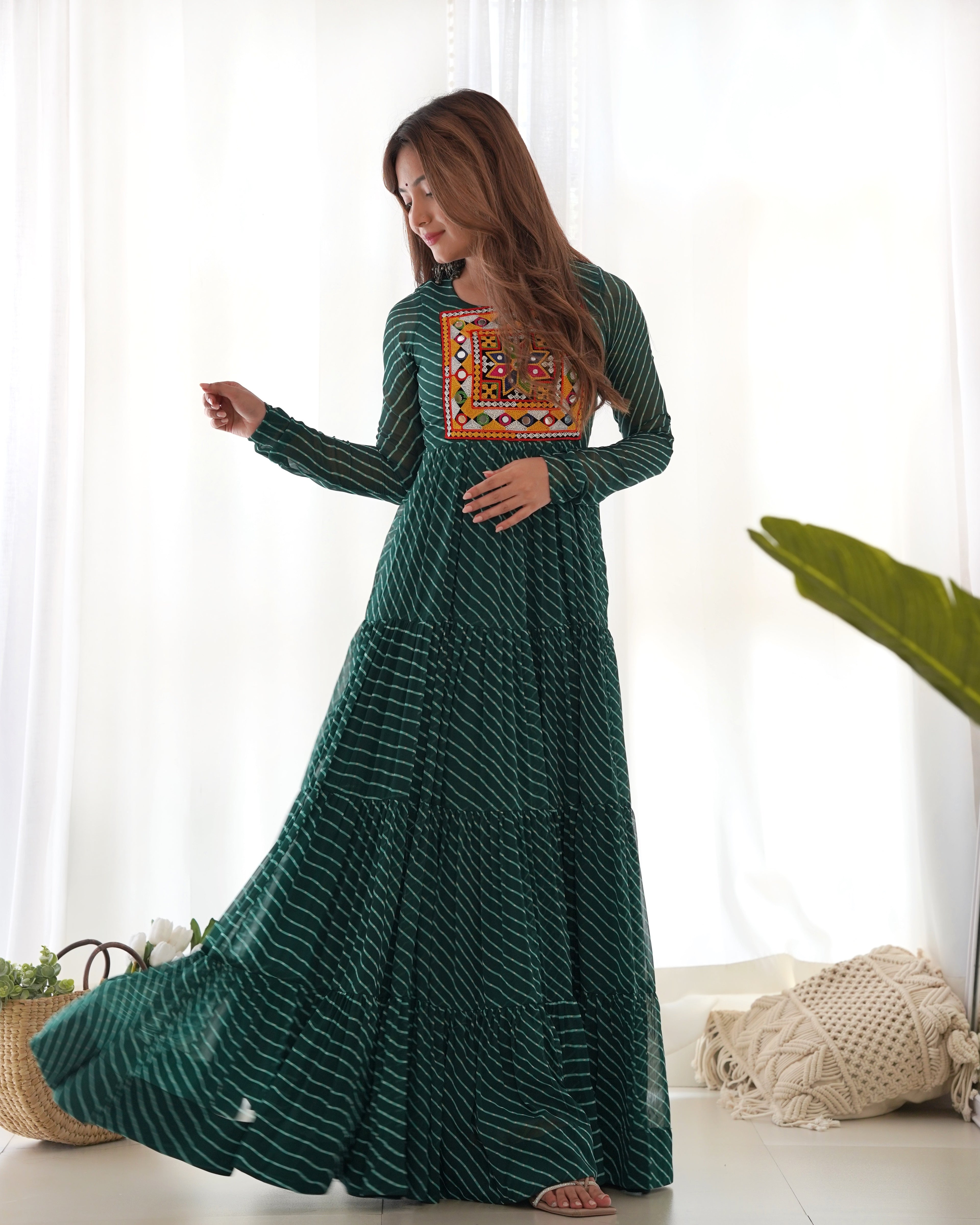 NKB-43 PURE SOFT FOX GEORGETTE LAHERIYA PRINT FABRIC FULLY FLAIR ANARKALI FULLY STTICHED GOWN READY TO WEAR GREEN