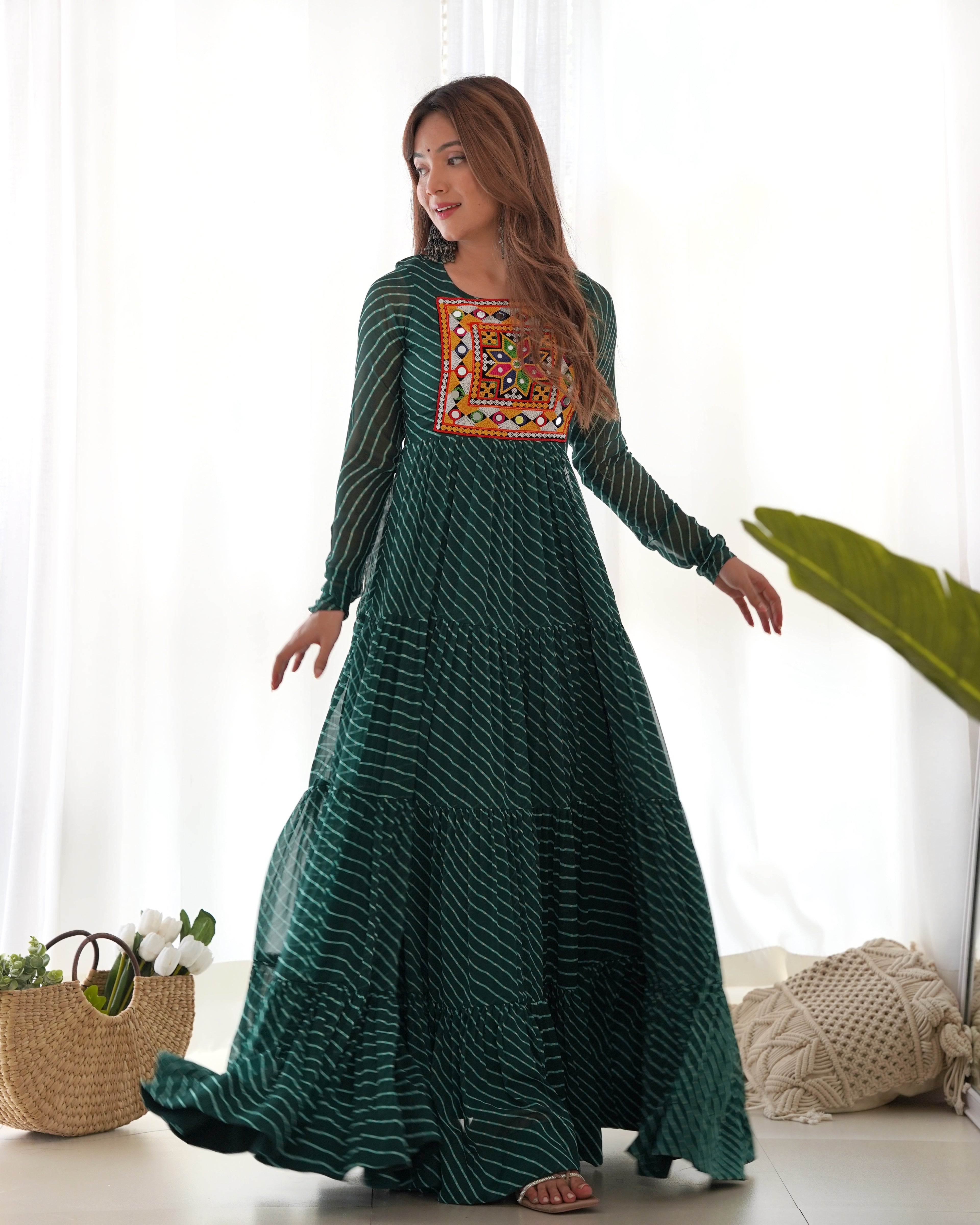 NKB-43 PURE SOFT FOX GEORGETTE LAHERIYA PRINT FABRIC FULLY FLAIR ANARKALI FULLY STTICHED GOWN READY TO WEAR GREEN