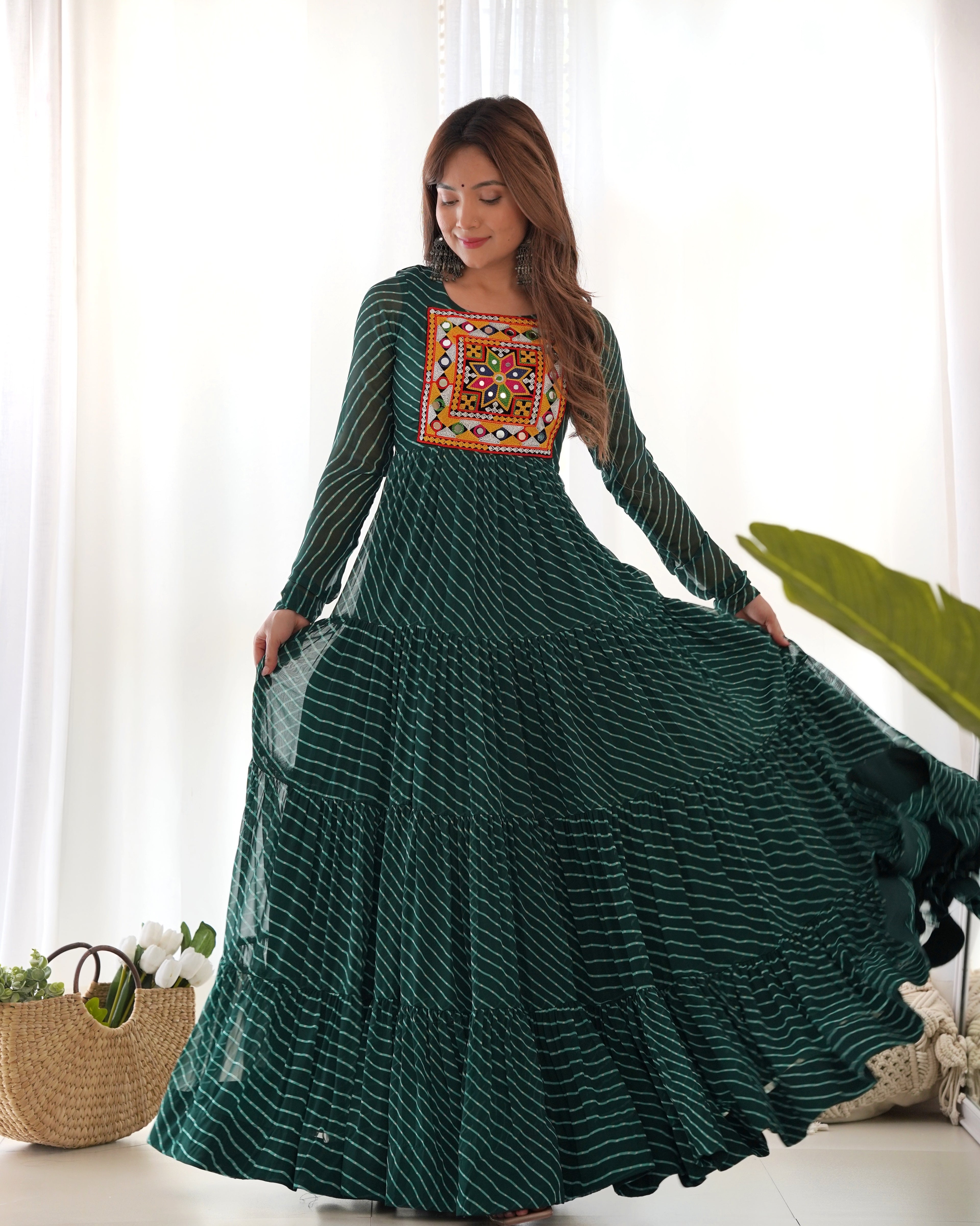 NKB-43 PURE SOFT FOX GEORGETTE LAHERIYA PRINT FABRIC FULLY FLAIR ANARKALI FULLY STTICHED GOWN READY TO WEAR GREEN