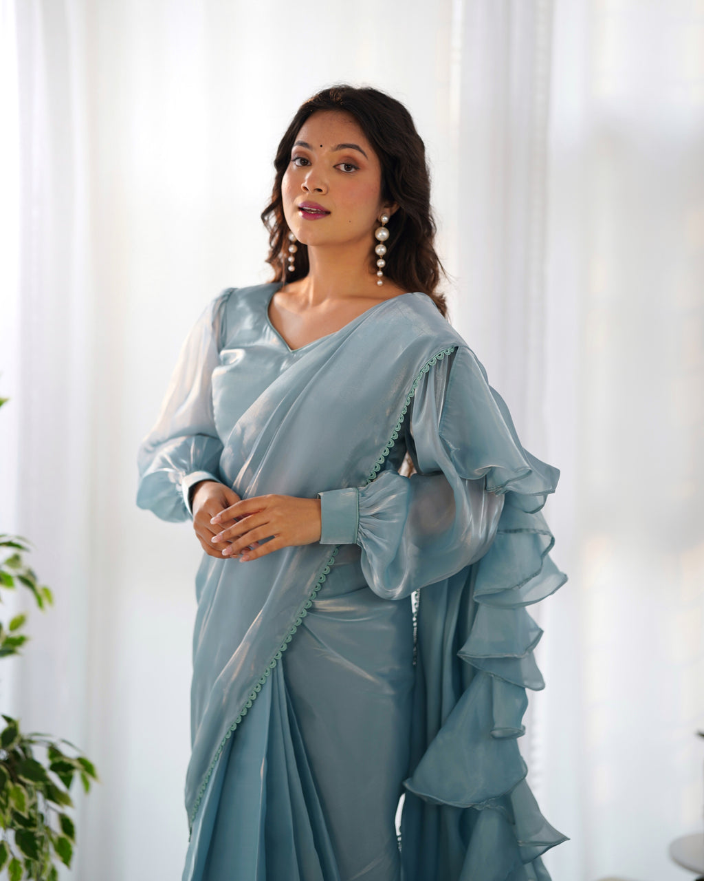 READY TO WEAR PREDRAPPED REAY TO WEAR SAREE WITH FULL STTICHED BLOUSE JIMMY CHOO FABRIC SKY BLUE