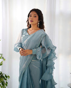 READY TO WEAR PREDRAPPED REAY TO WEAR SAREE WITH FULL STTICHED BLOUSE JIMMY CHOO FABRIC SKY BLUE