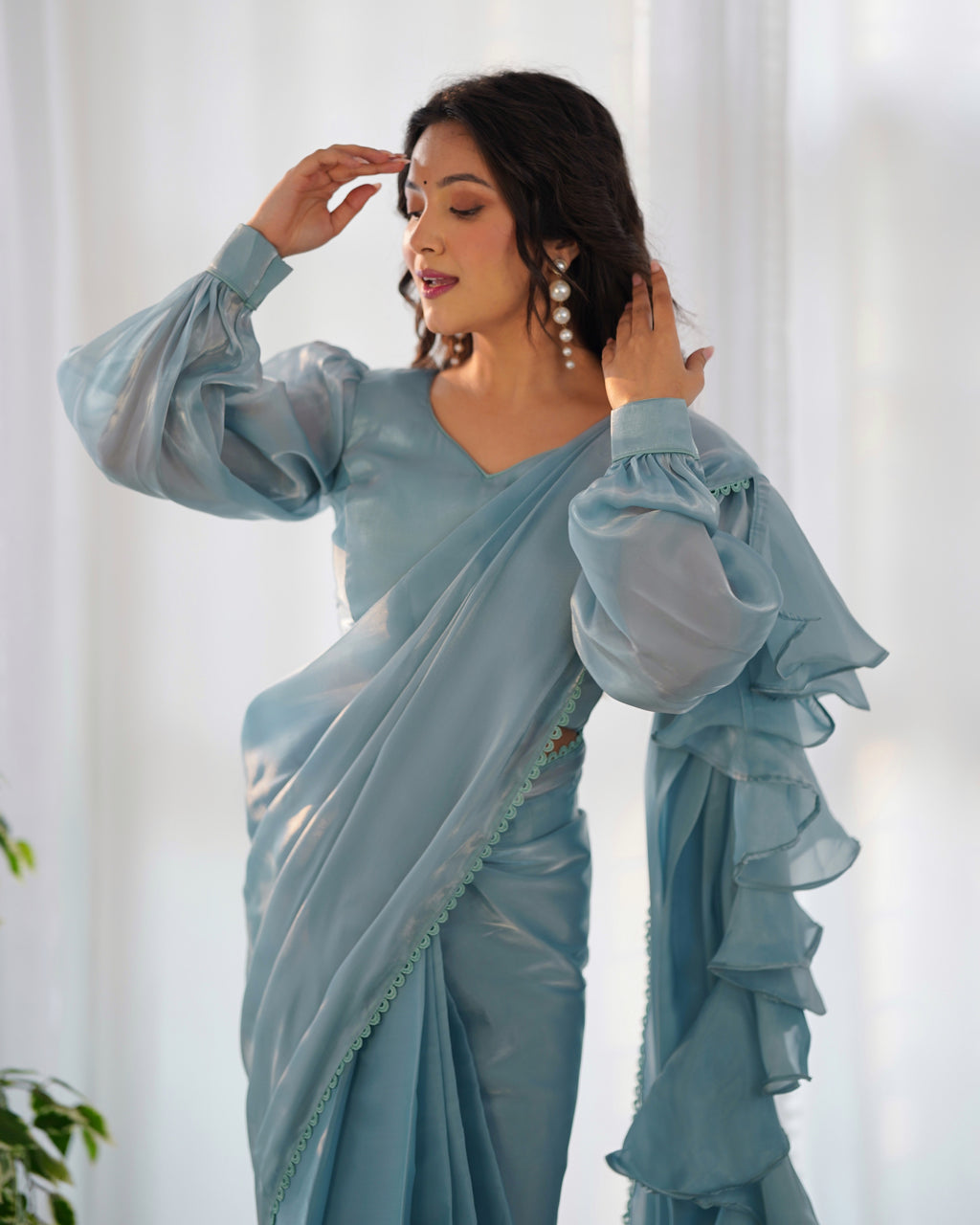 READY TO WEAR PREDRAPPED REAY TO WEAR SAREE WITH FULL STTICHED BLOUSE JIMMY CHOO FABRIC SKY BLUE
