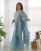 READY TO WEAR PREDRAPPED REAY TO WEAR SAREE WITH FULL STTICHED BLOUSE JIMMY CHOO FABRIC SKY BLUE