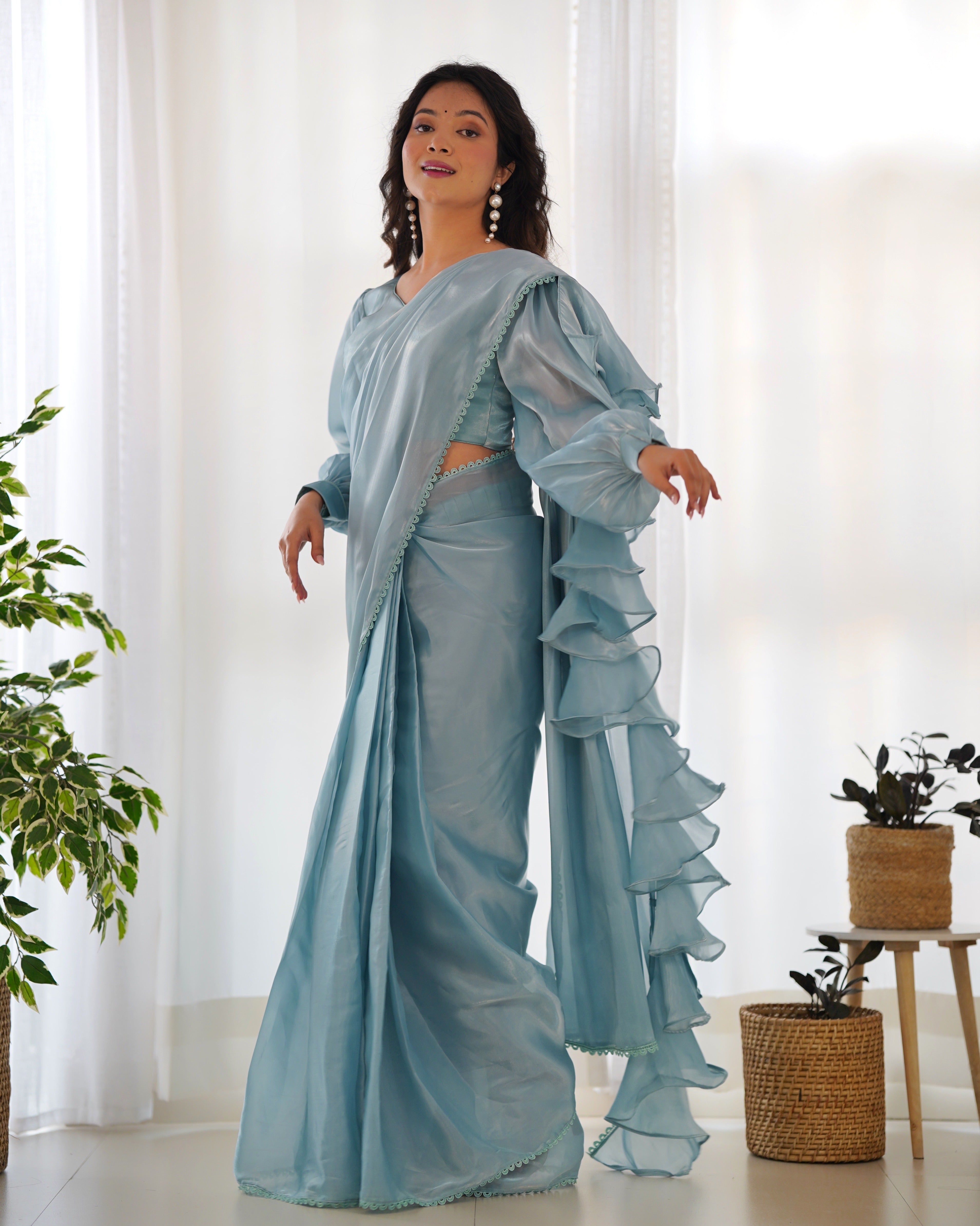 READY TO WEAR PREDRAPPED REAY TO WEAR SAREE WITH FULL STTICHED BLOUSE JIMMY CHOO FABRIC SKY BLUE