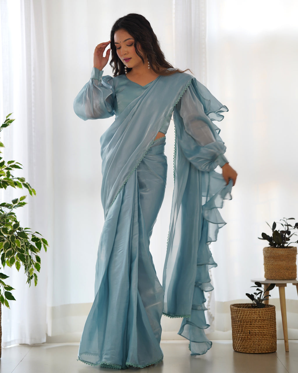 READY TO WEAR PREDRAPPED REAY TO WEAR SAREE WITH FULL STTICHED BLOUSE JIMMY CHOO FABRIC SKY BLUE