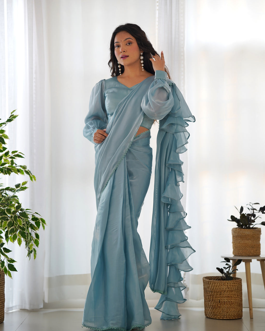 READY TO WEAR PREDRAPPED REAY TO WEAR SAREE WITH FULL STTICHED BLOUSE JIMMY CHOO FABRIC SKY BLUE