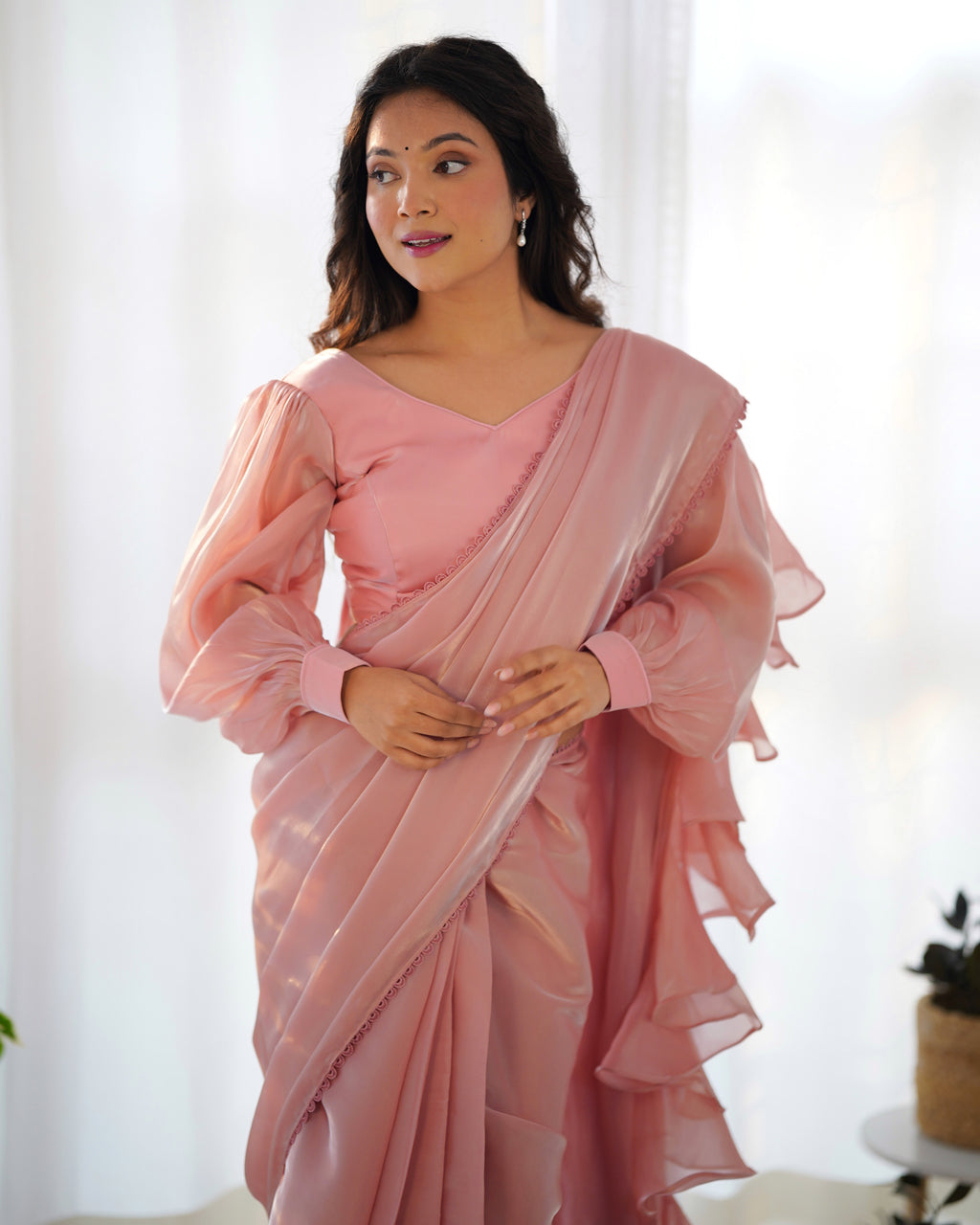 READY TO WEAR PREDRAPPED REAY TO WEAR SAREE WITH FULL STTICHED BLOUSE JIMMY CHOO FABRIC PINK