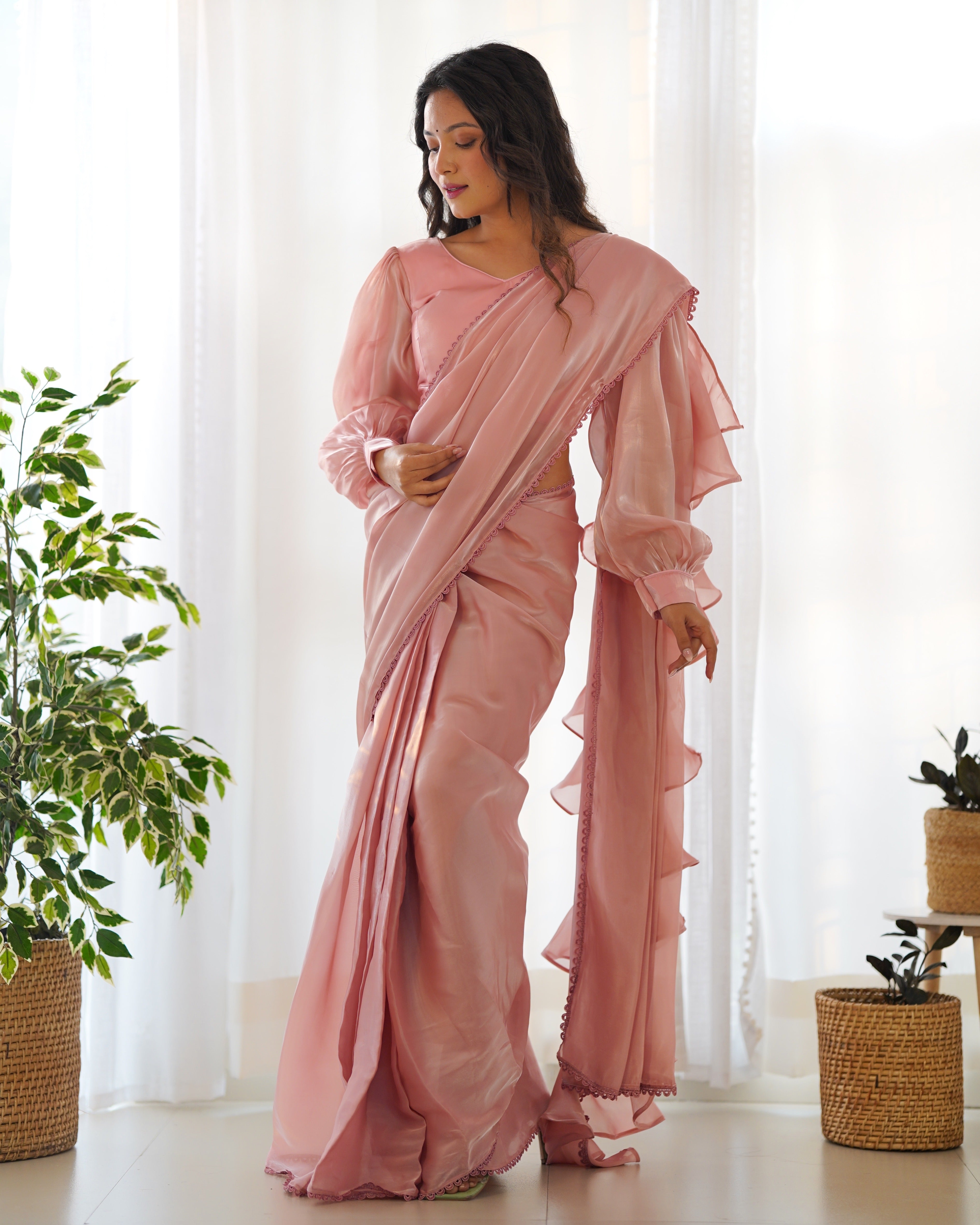 READY TO WEAR PREDRAPPED REAY TO WEAR SAREE WITH FULL STTICHED BLOUSE JIMMY CHOO FABRIC PINK